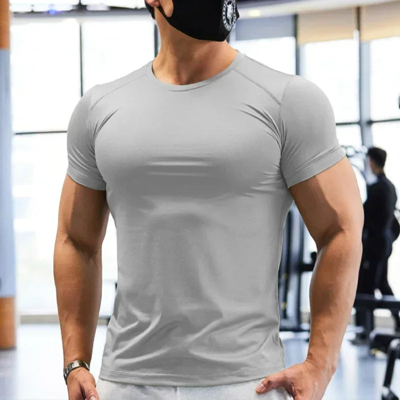 Camiseta de gimnasio para hombre de talla grande, camisetas deportivas de ajuste seco para hombre, sudadera, Tops de Color liso, ropa deportiva para entrenamiento muscular, ropa de Yoga