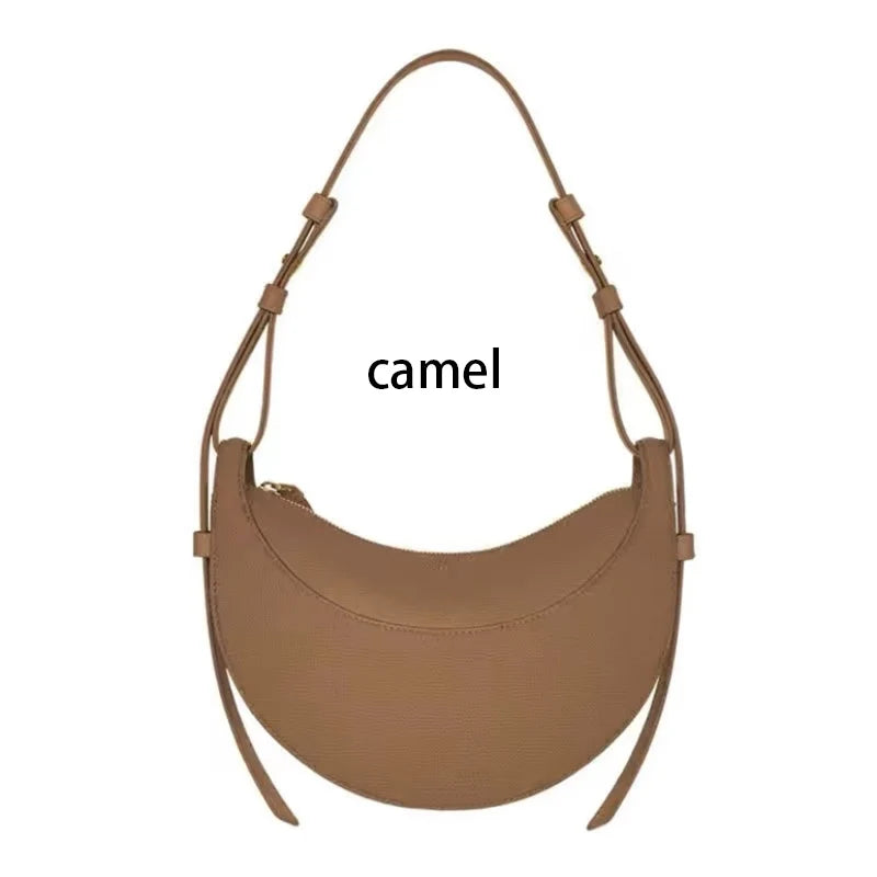 Bolso de hombro de mujer de cuero genuino de moda francesa, bolso de media luna, bolso de hombro tipo bandolera con cierre de cremallera de diseño de nicho