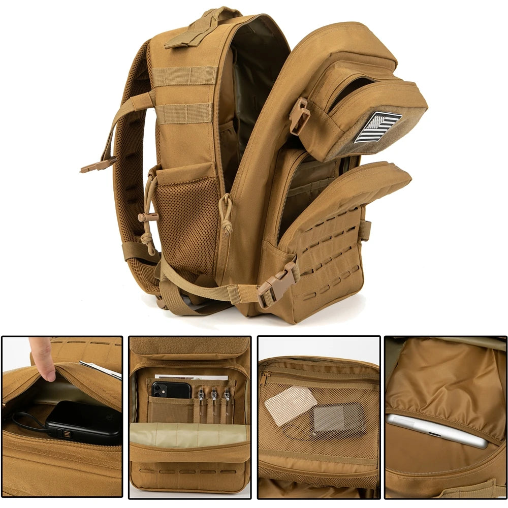 Mochilas tácticas de gimnasio de 25L para hombres, mochila Molle con corte láser de supervivencia, bolsa pequeña para insectos, mochila de caza con portavasos duales