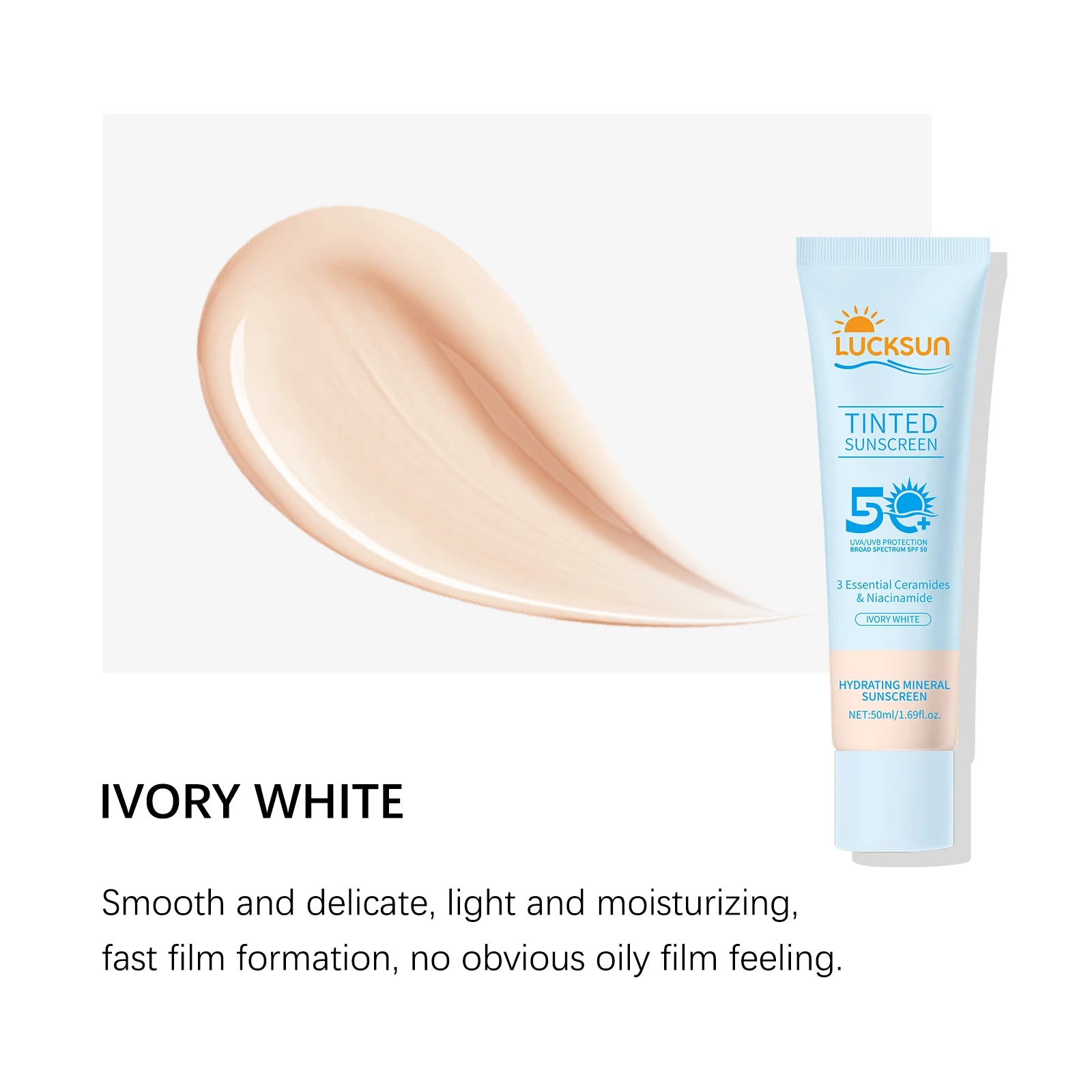 Protector solar teñido SPF 50 Protector solar mineral hidratante para el tono uniforme de la piel con ceramidas niacinamida para tonos de piel claros y medianos, 50 ml