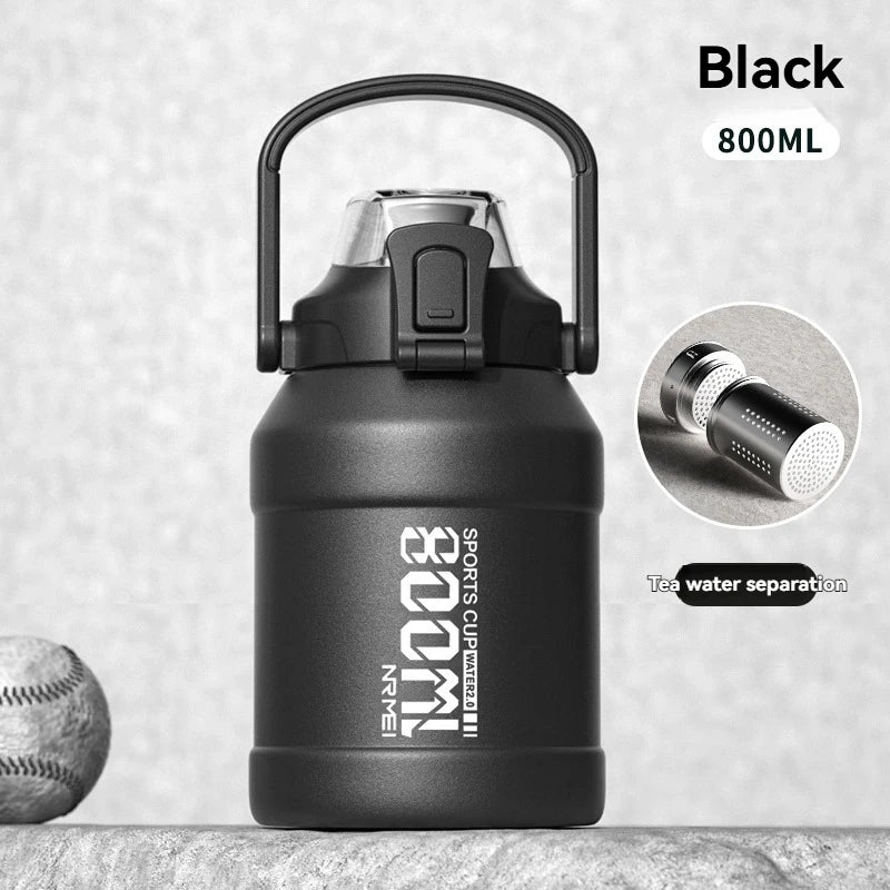 Botella de agua termo con mango de paja, termo de acero inoxidable 316,