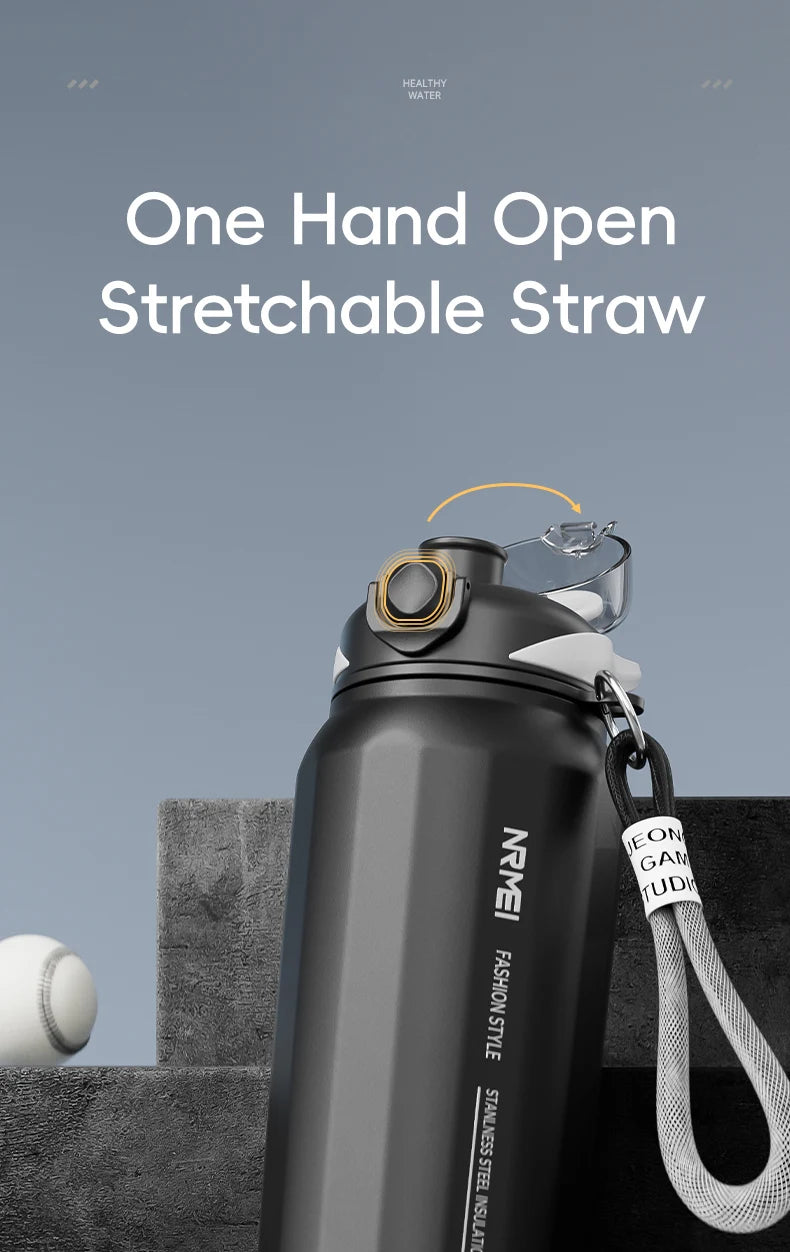 Botella de agua abierta de un botón con cuerda de elevación, botella termo de acero inoxidable de gran capacidad, frascos de vacío para deportes al aire libre