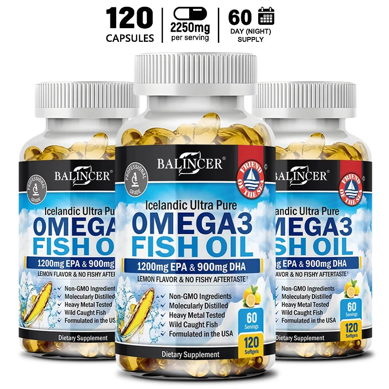 Cápsulas de aceite de pescado Omega-3 - Riche en DHA y EPA - Apoya la salud del cerebro y del sistema nervioso, suplemento dietético