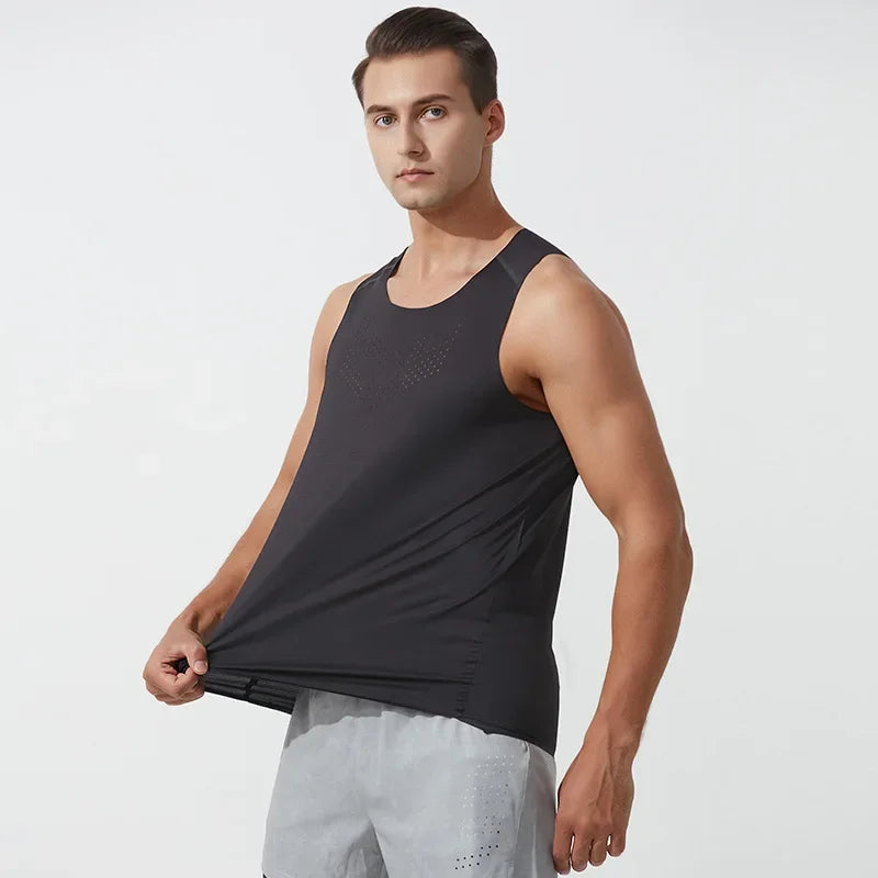 Playera deportiva de secado rápido para hombre, sin mangas de malla elástica