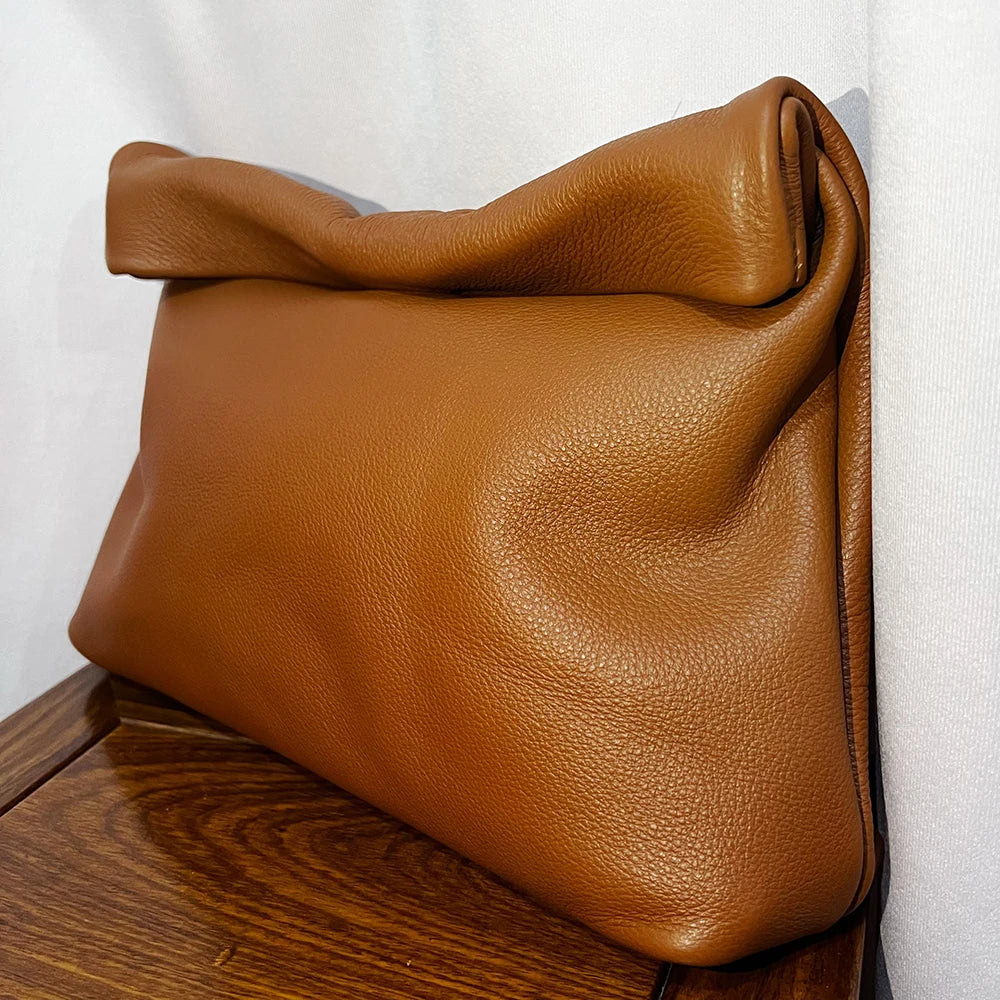 Bolso de mano de piel de vaca 100% auténtica para mujer, bolso de diseñador plegable, bolso con asa magnética Simple