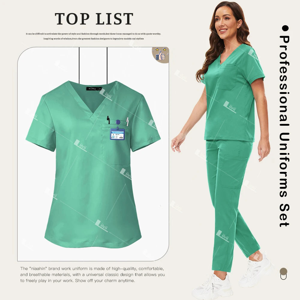 Nuevo conjunto de uniformes médicos, Top elástico con bolsillo, pantalones rectos, uniformes de enfermera, ropa de trabajo de laboratorio para salón de belleza