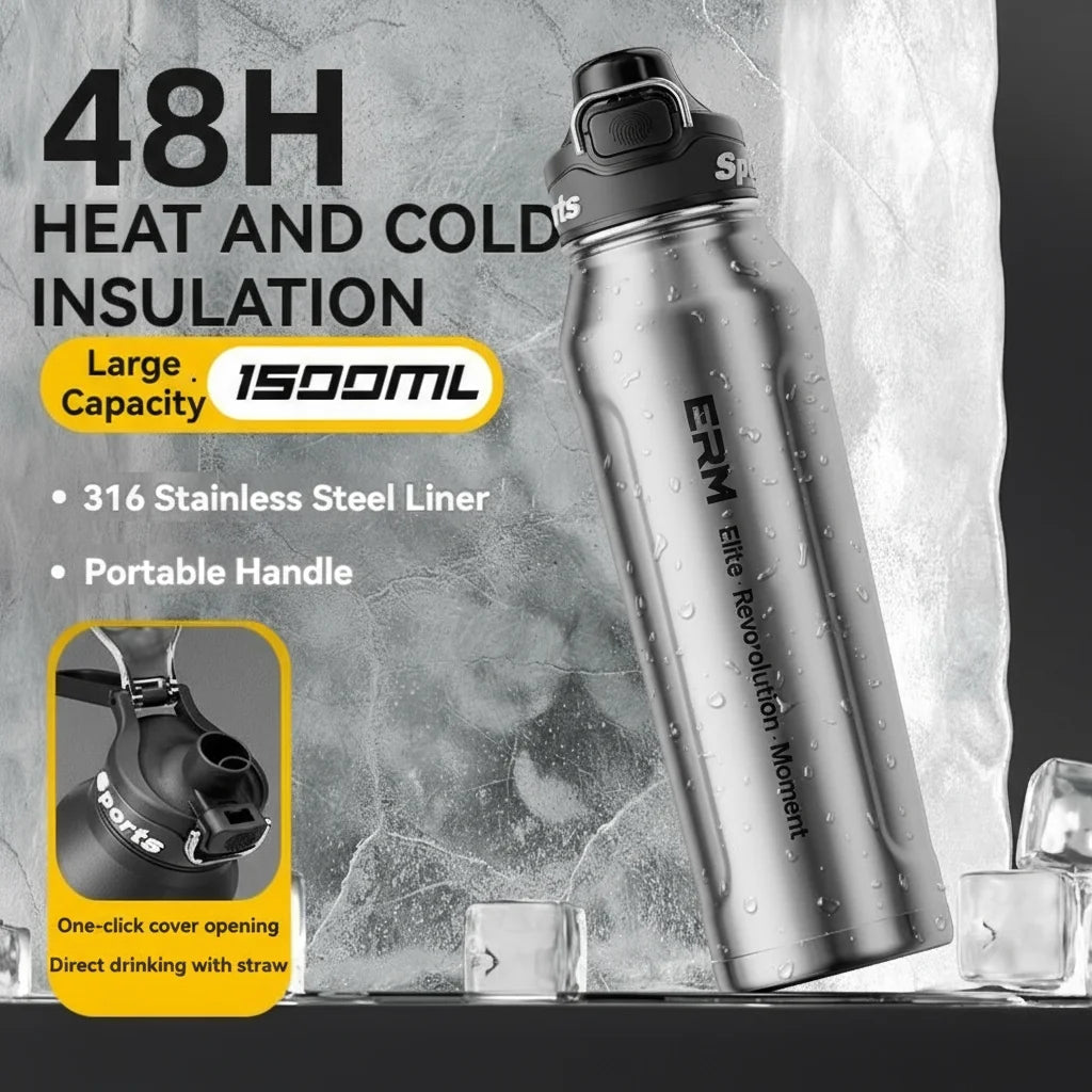 Botella de agua con aislamiento de 1,5 l, taza con aislamiento frío y caliente de acero inoxidable, termo al vacío, frascos de doble pared