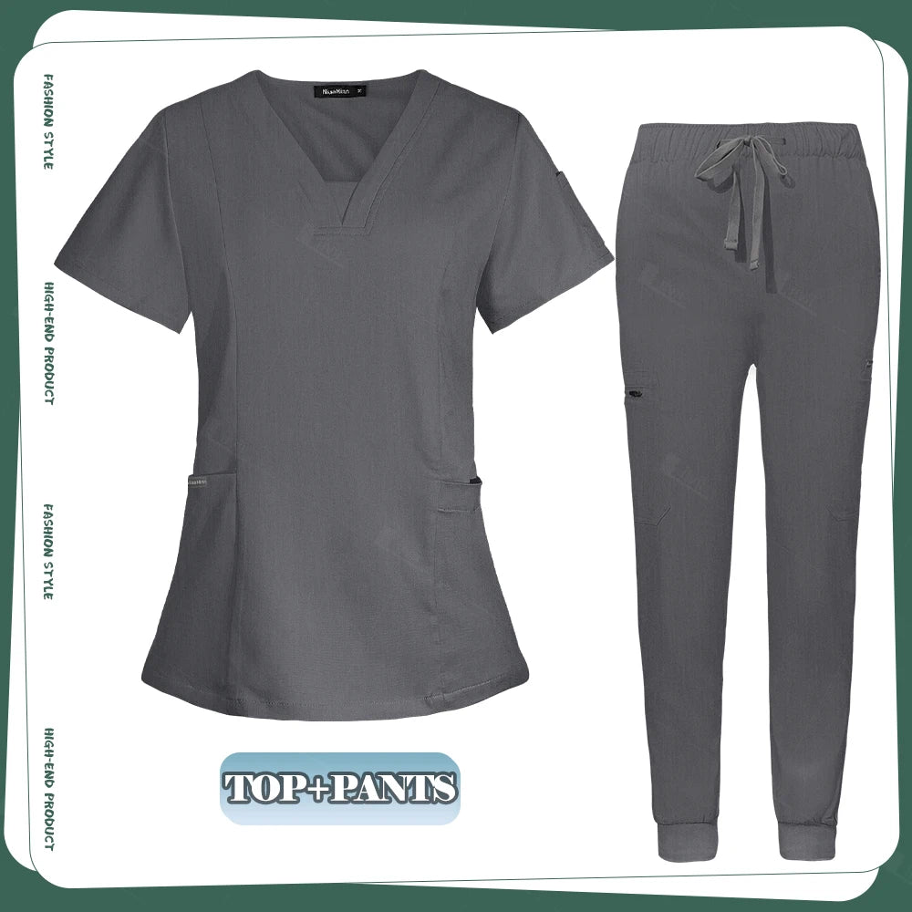 Conjunto de ropa de trabajo clínica para mujer, uniforme de enfermera y enfermería, uniformes médicos, conjunto de exfoliantes, pantalones superiores para escuelas de belleza para mascotas, gris y negro