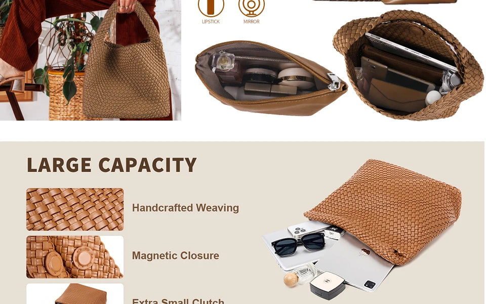 Bolso de mano tejido para mujer, bolso grande tejido, bandolera de cuero suave, bolso de trabajo, comprador, bolso de viaje de playa de verano con monedero