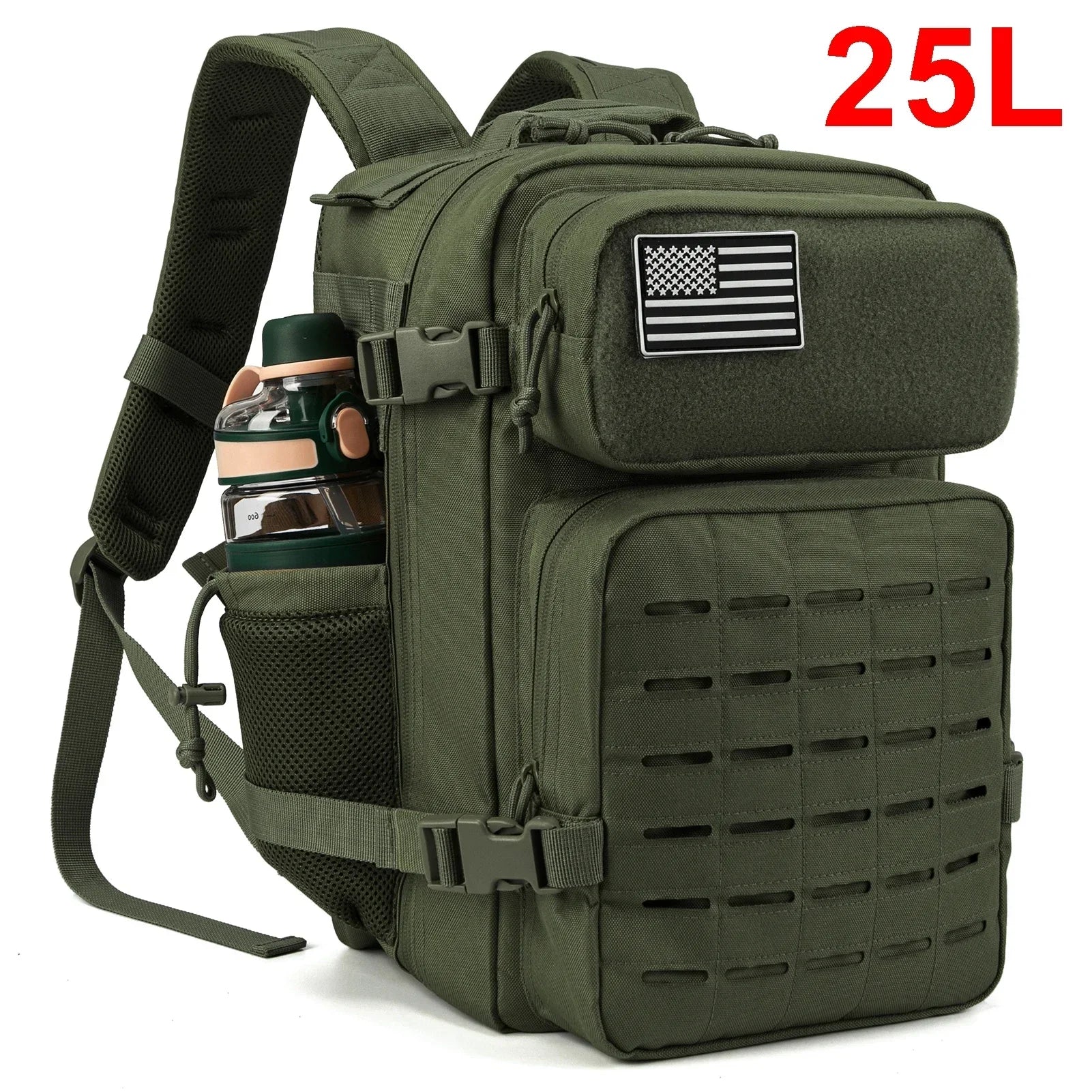 Mochilas tácticas de gimnasio de 25L para hombres, mochila Molle con corte láser de supervivencia, bolsa pequeña para insectos, mochila de caza con portavasos duales