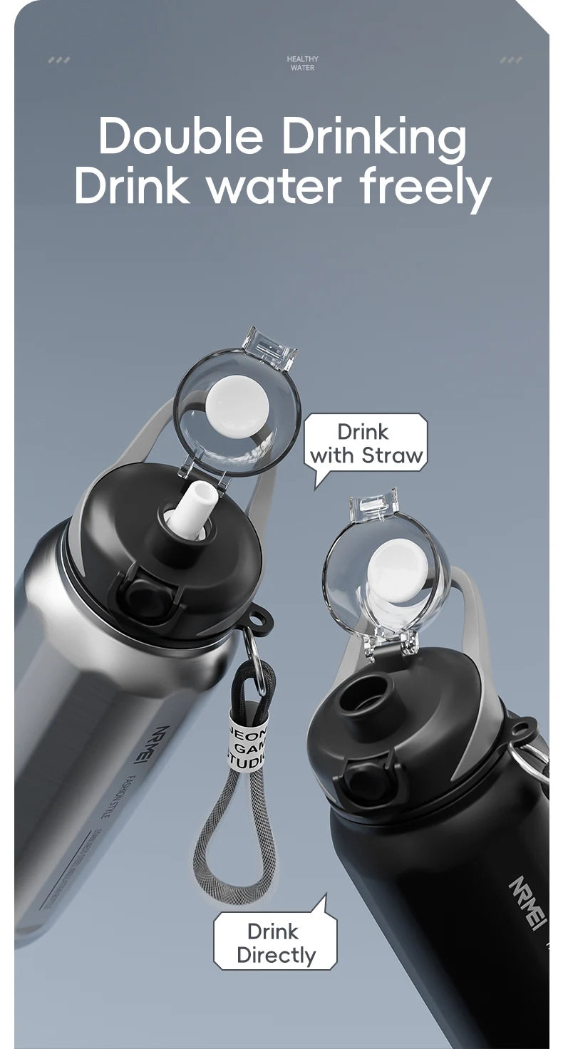 Botella de agua abierta de un botón con cuerda de elevación, botella termo de acero inoxidable de gran capacidad, frascos de vacío para deportes al aire libre
