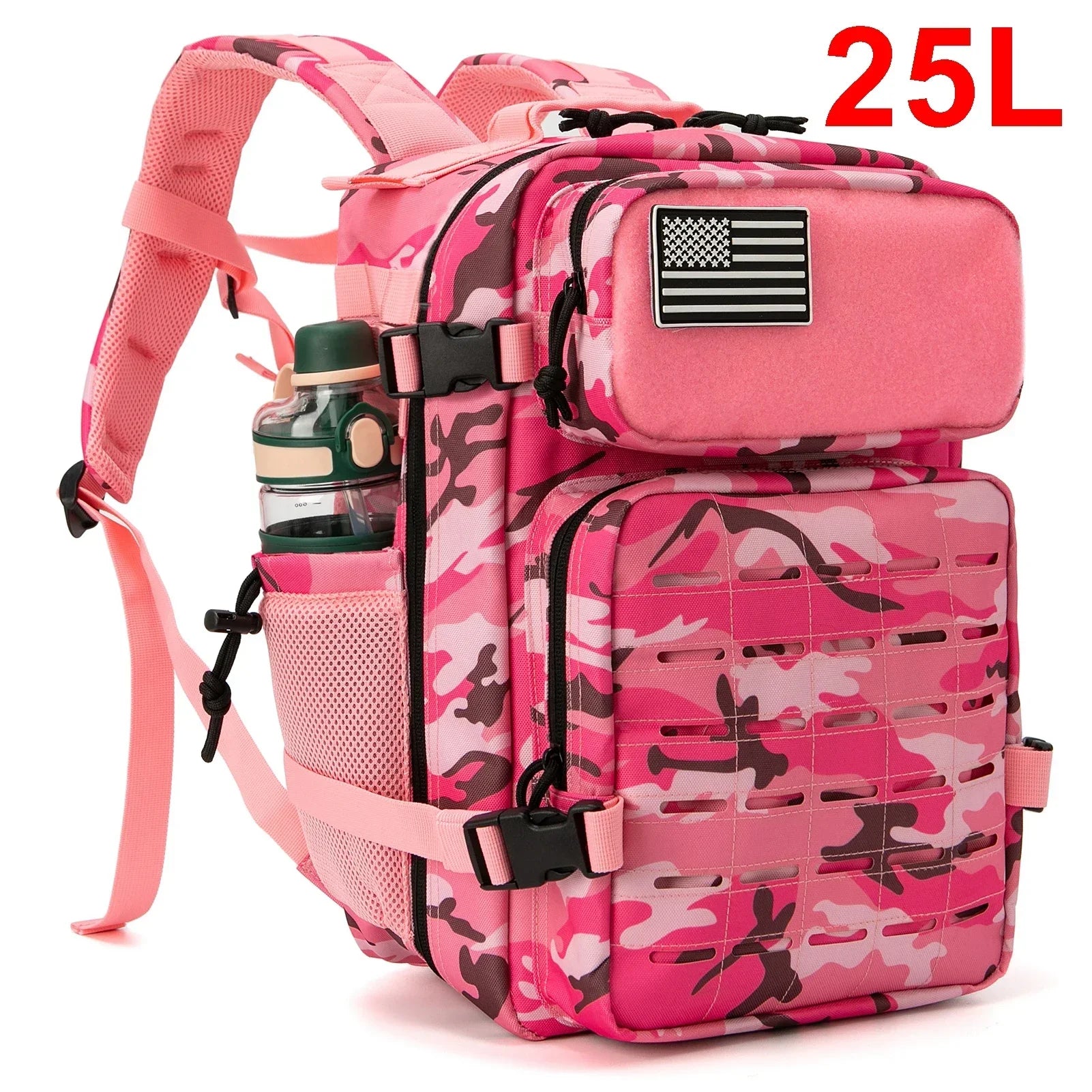 Mochilas tácticas de gimnasio de 25L para hombres, mochila Molle con corte láser de supervivencia, bolsa pequeña para insectos, mochila de caza con portavasos duales