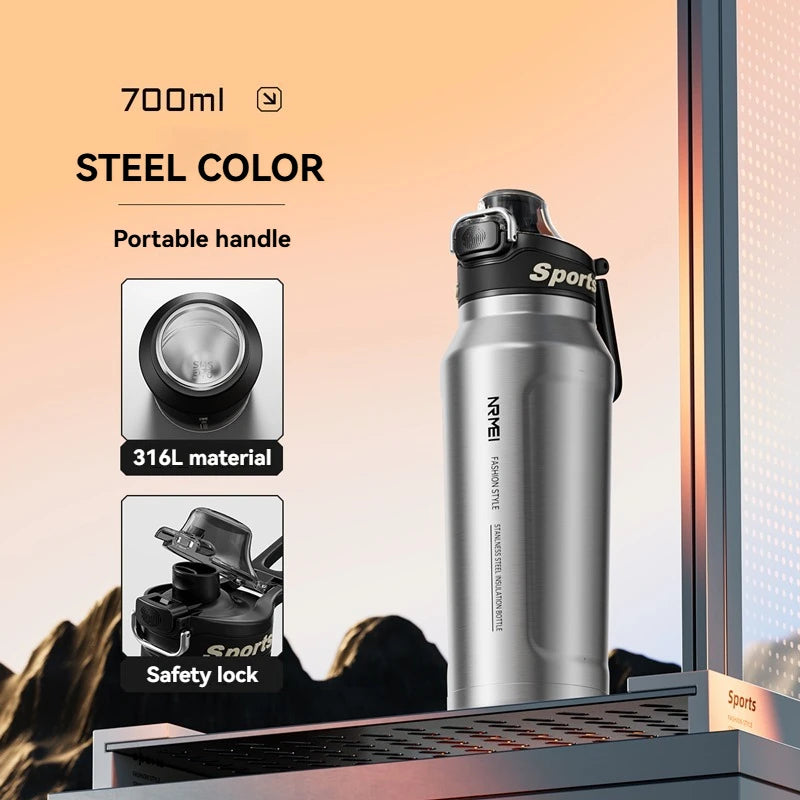 Taza aislada de 700ml, botella de agua para deportes al aire libre de acero inoxidable, taza térmica para oficina y hogar, mantiene el frío y el calor, termo