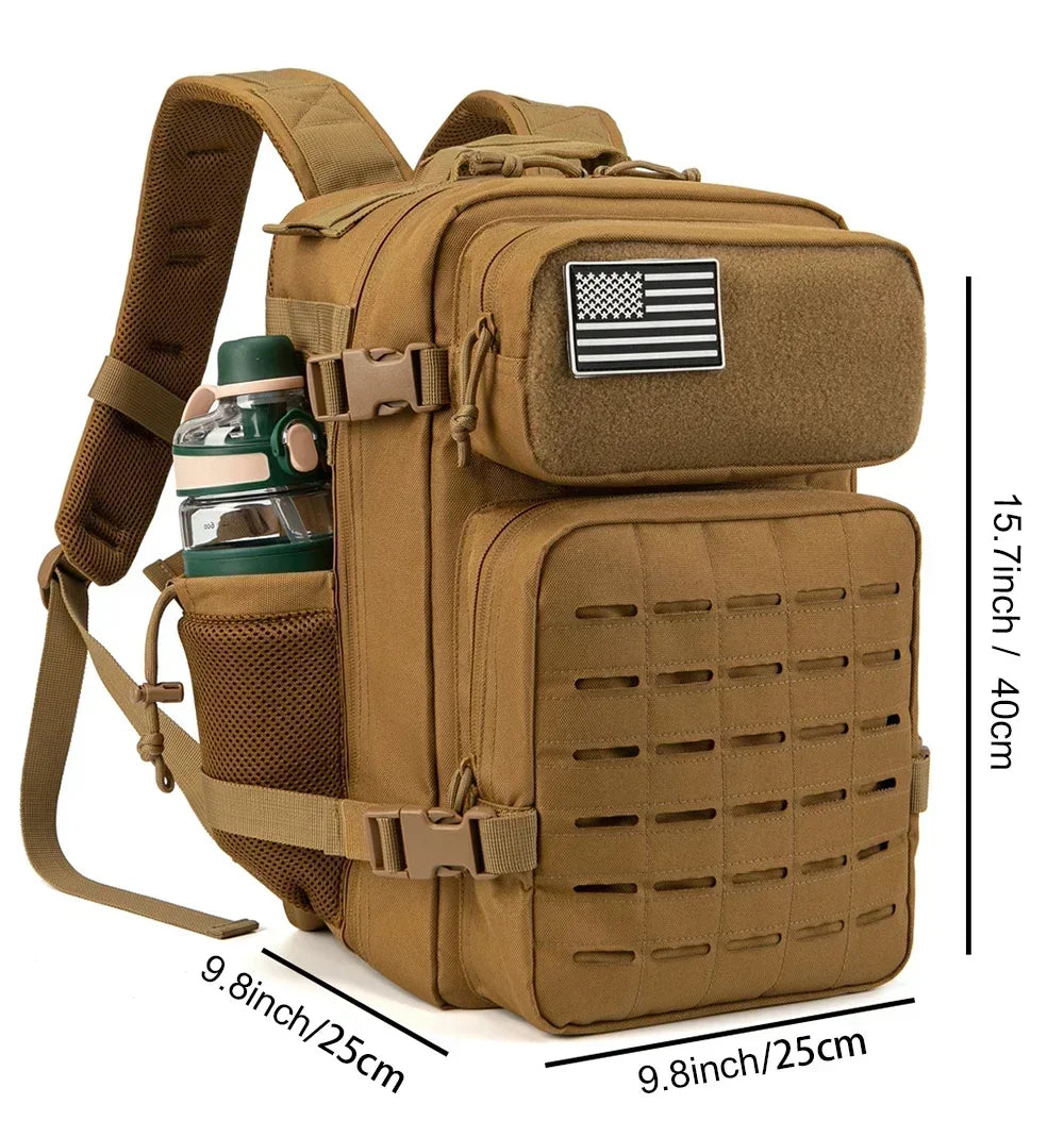 Mochilas tácticas de gimnasio de 25L para hombres, mochila Molle con corte láser de supervivencia, bolsa pequeña para insectos, mochila de caza con portavasos duales