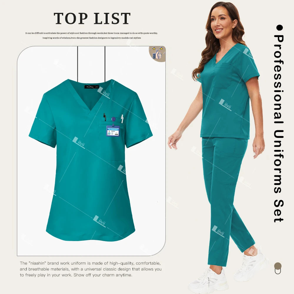 Nuevo conjunto de uniformes médicos, Top elástico con bolsillo, pantalones rectos, uniformes de enfermera, ropa de trabajo de laboratorio para salón de belleza