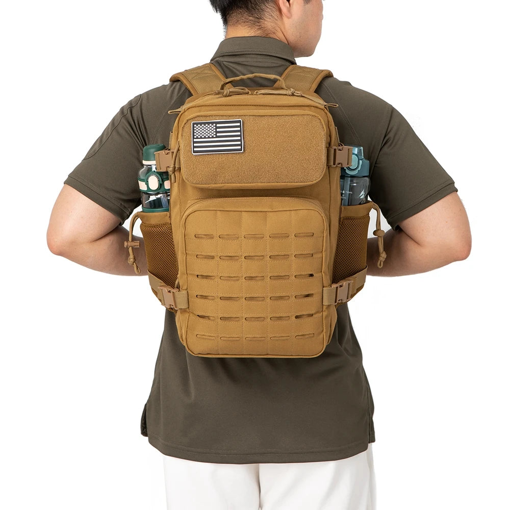 Mochilas tácticas de gimnasio de 25L para hombres, mochila Molle con corte láser de supervivencia, bolsa pequeña para insectos, mochila de caza con portavasos duales