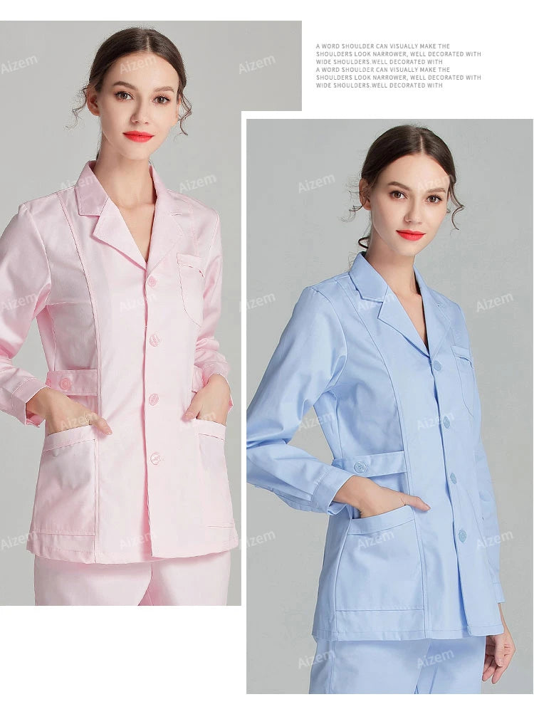 Uniformes de enfermera de manga larga azul, bata de laboratorio, uniforme de médico para mujer, prendas de vestir, ropa médica, ropa de trabajo de salón de belleza