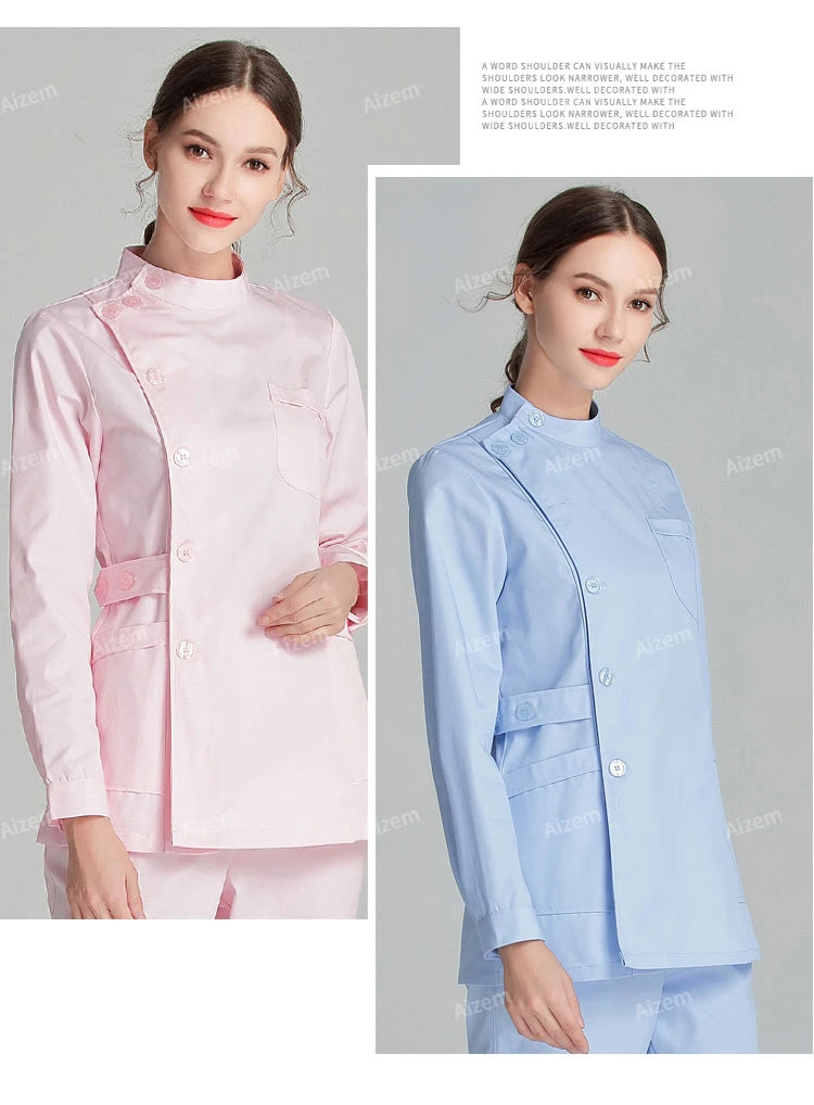 Uniformes de enfermera de manga larga azul, bata de laboratorio, uniforme de médico para mujer, prendas de vestir, ropa médica, ropa de trabajo de salón de belleza