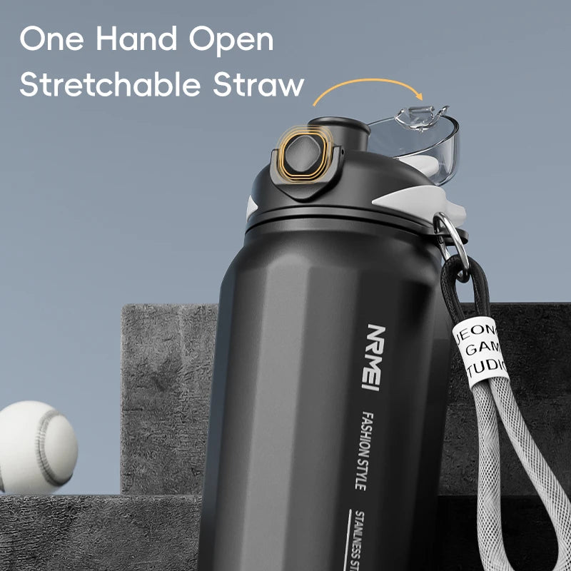 Botella de agua abierta de un botón con cuerda de elevación, botella termo de acero inoxidable de gran capacidad, frascos de vacío para deportes al aire libre