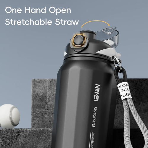 Botella de agua abierta de un botón con cuerda de elevación, botella termo de acero inoxidable de gran capacidad, frascos de vacío para deportes al aire libre