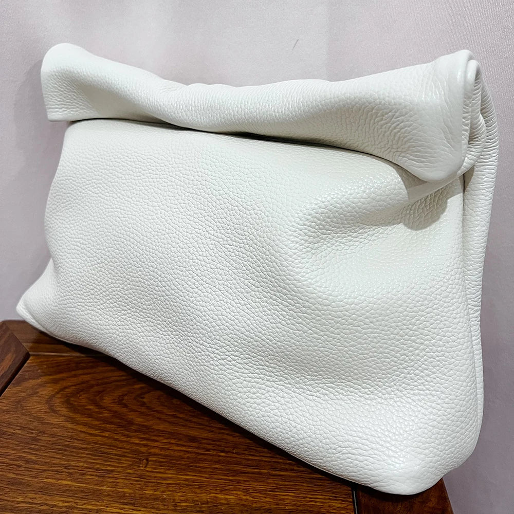 Bolso de mano de piel de vaca 100% auténtica para mujer, bolso de diseñador plegable, bolso con asa magnética Simple