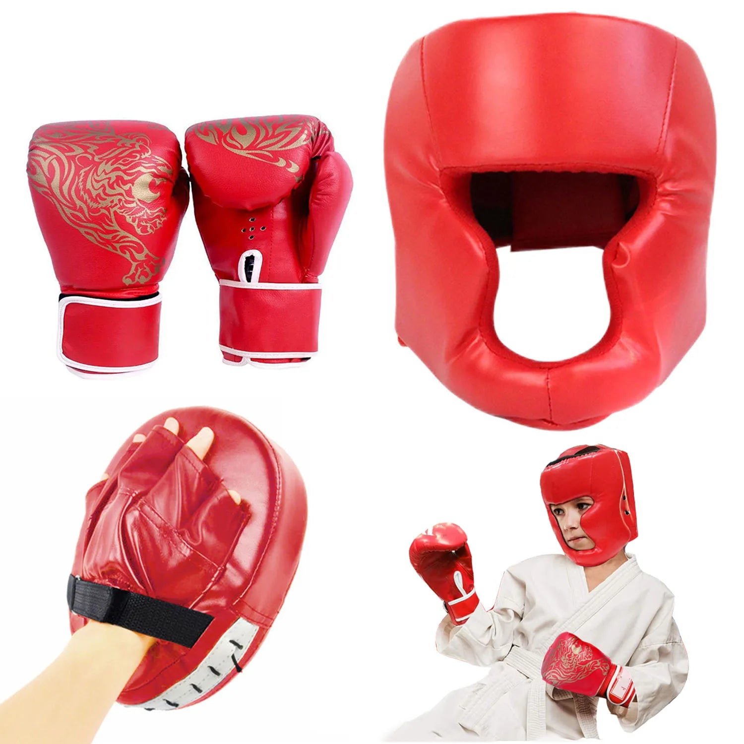Guantes de boxeo de seguridad MMA para adultos/niños, protectores de cabeza para casco, guantes de cuero PU, entrenamiento de boxeo para niños, Kickboxing, objetivo de boxeador