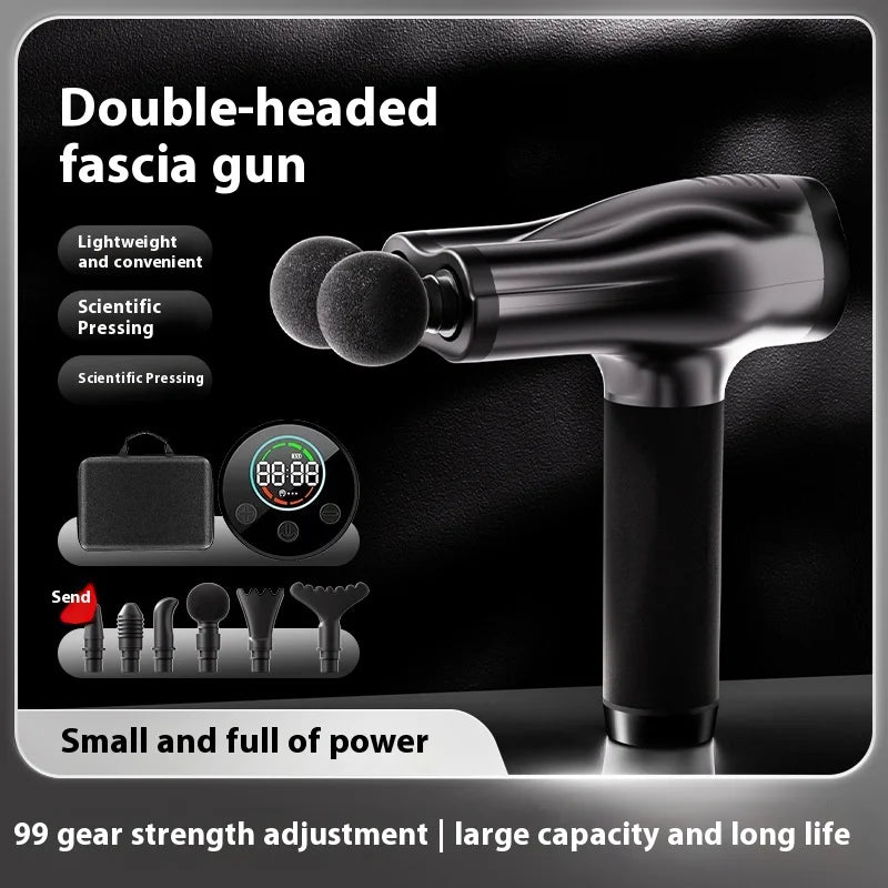 Mini pistola masajeadora de mano de doble cabezal con percusión de tejido profundo, pistola de masaje muscular, pistola fascial recargable multifuncional