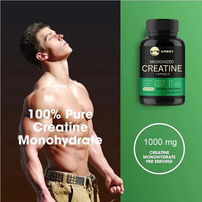 Cápsulas de monohidrato de creatina: suplemento de fuerza, músculo y rendimiento para hombres y mujeres, sin OGM ni sin gluten