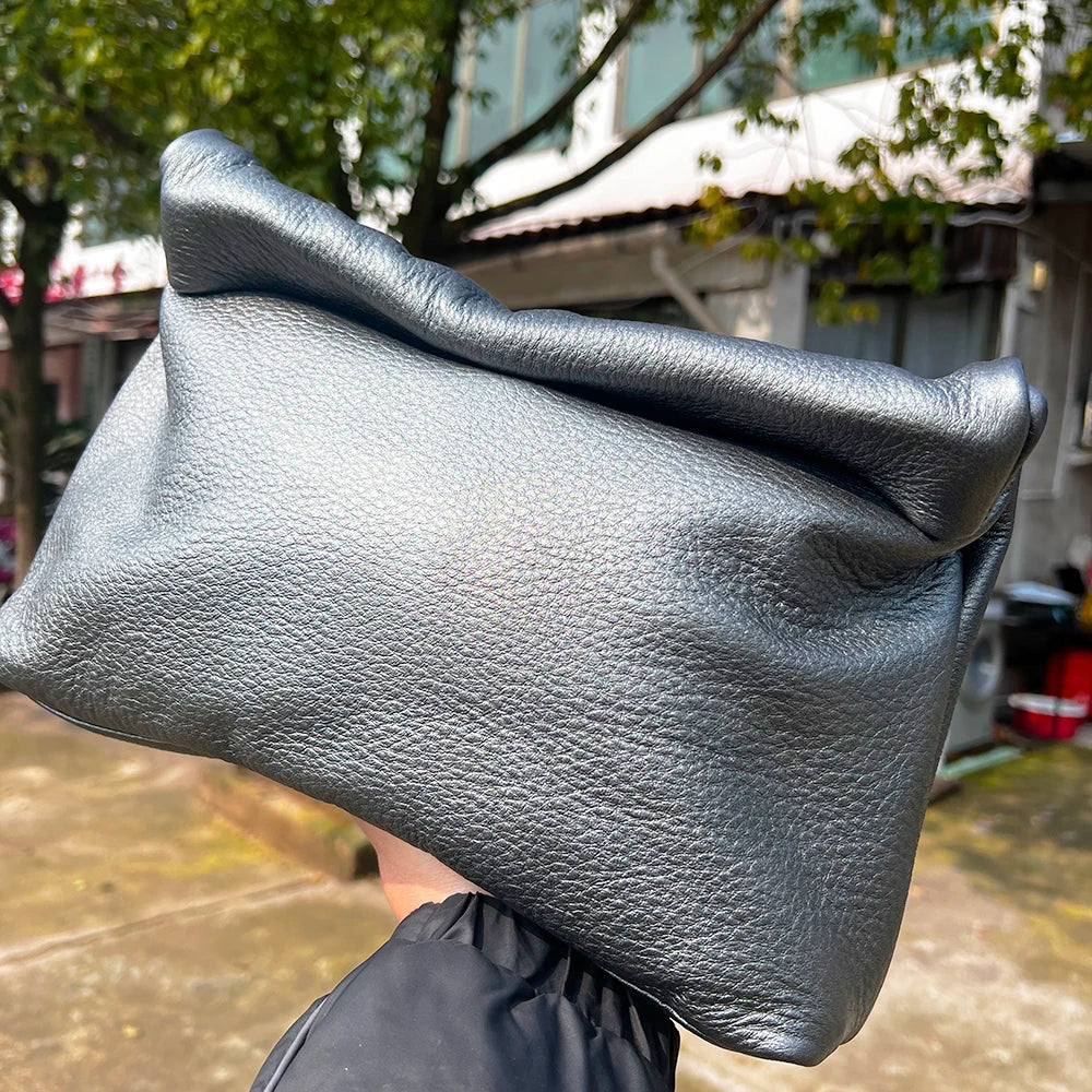Bolso de mano de piel de vaca 100% auténtica para mujer, bolso de diseñador plegable, bolso con asa magnética Simple
