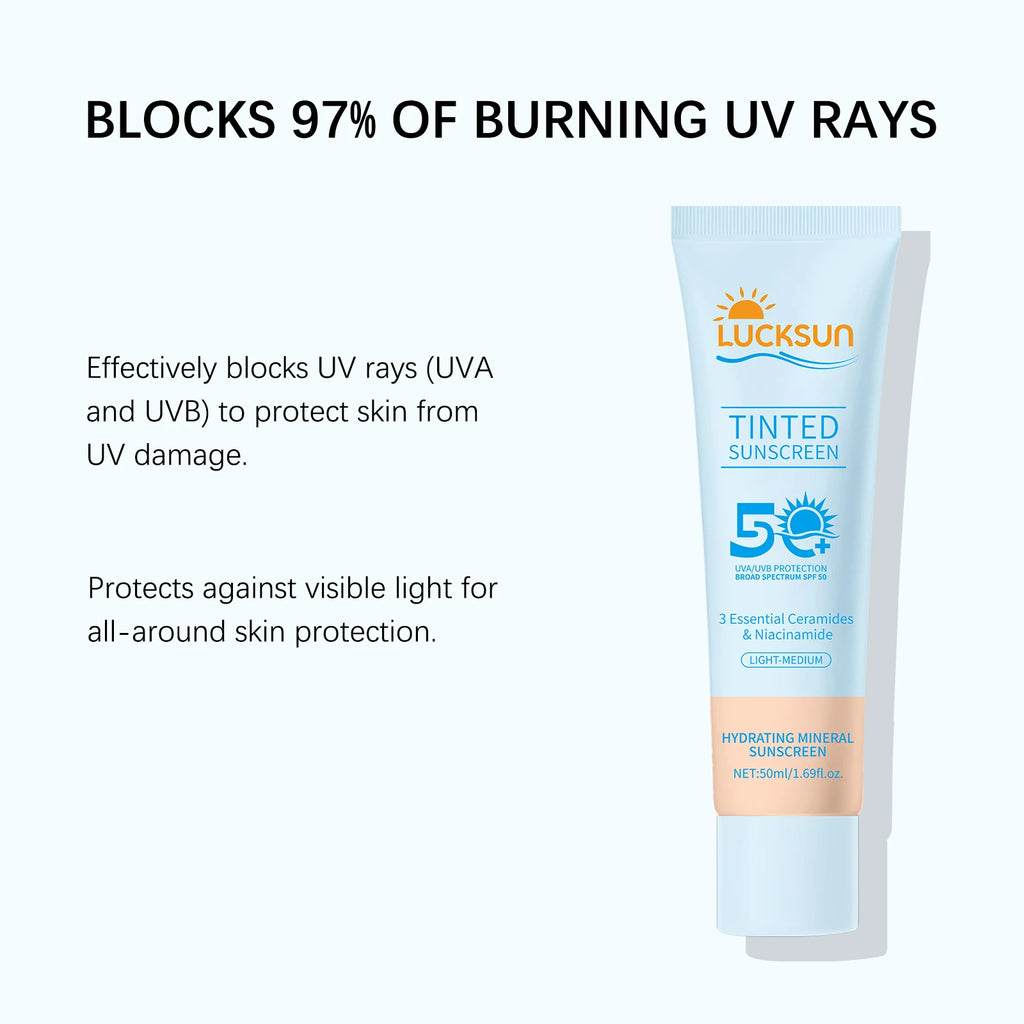 Protector solar teñido SPF 50 Protector solar mineral hidratante para el tono uniforme de la piel con ceramidas niacinamida para tonos de piel claros y medianos, 50 ml