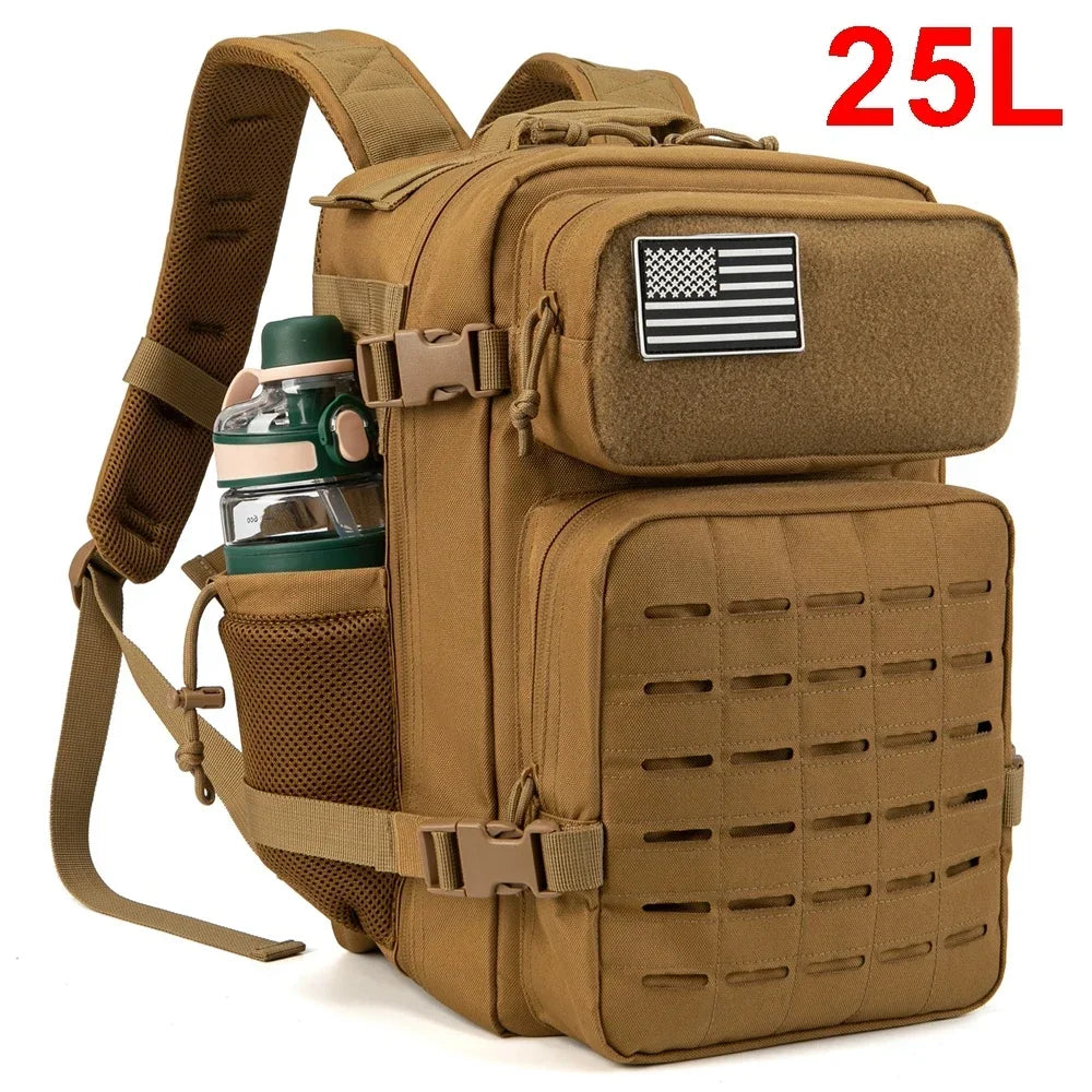 Mochilas tácticas de gimnasio de 25L para hombres, mochila Molle con corte láser de supervivencia, bolsa pequeña para insectos, mochila de caza con portavasos duales