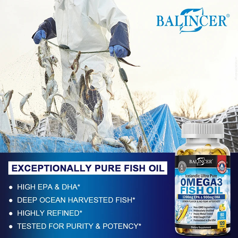 Cápsulas de aceite de pescado Omega-3 - Riche en DHA y EPA - Apoya la salud del cerebro y del sistema nervioso, suplemento dietético