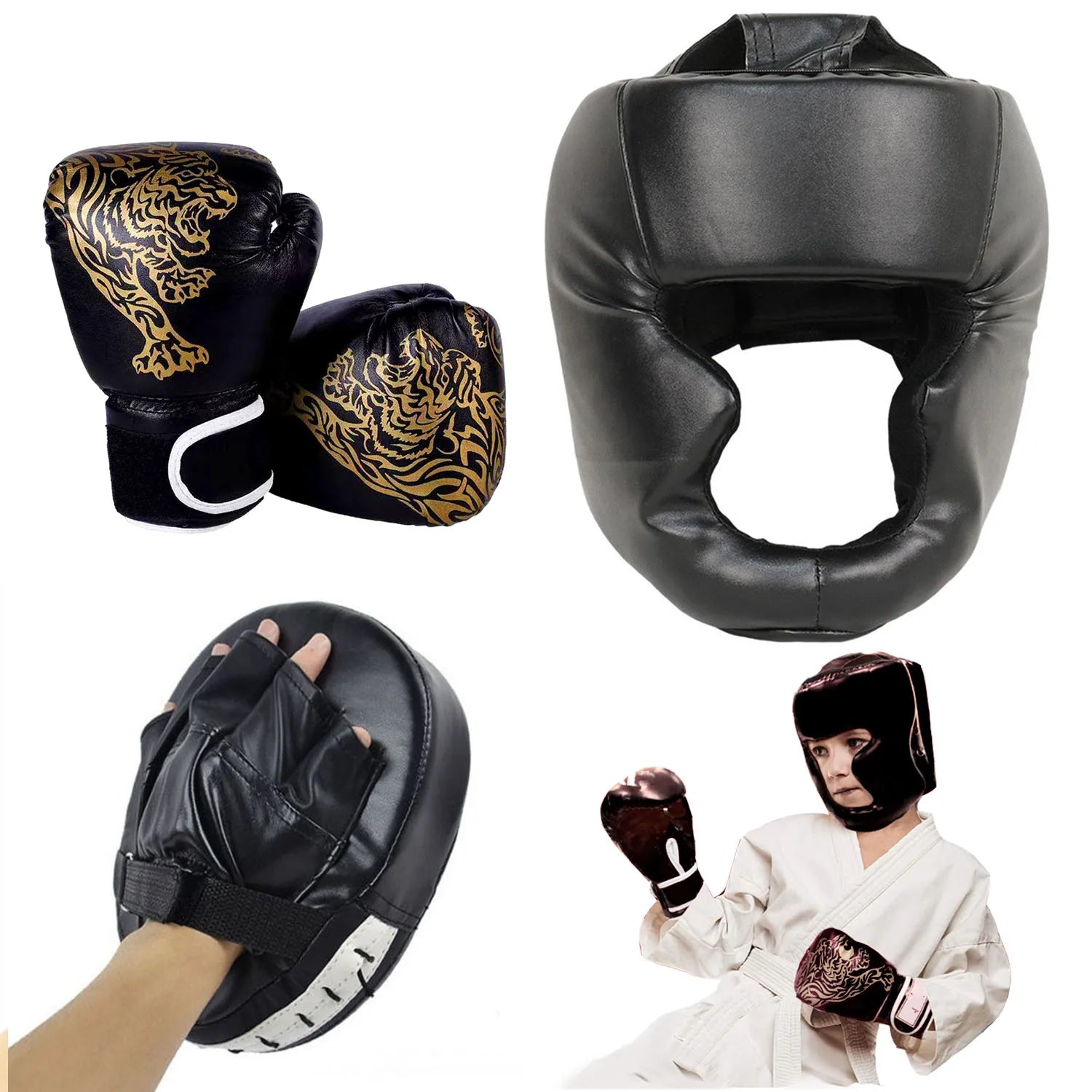 Guantes de boxeo de seguridad MMA para adultos/niños, protectores de cabeza para casco, guantes de cuero PU, entrenamiento de boxeo para niños, Kickboxing, objetivo de boxeador
