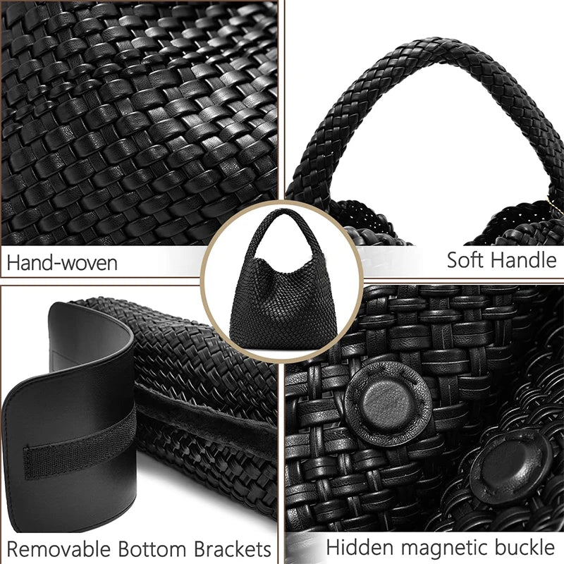 Bolso de mano tejido para mujer, bolso grande tejido, bandolera de cuero suave, bolso de trabajo, comprador, bolso de viaje de playa de verano con monedero