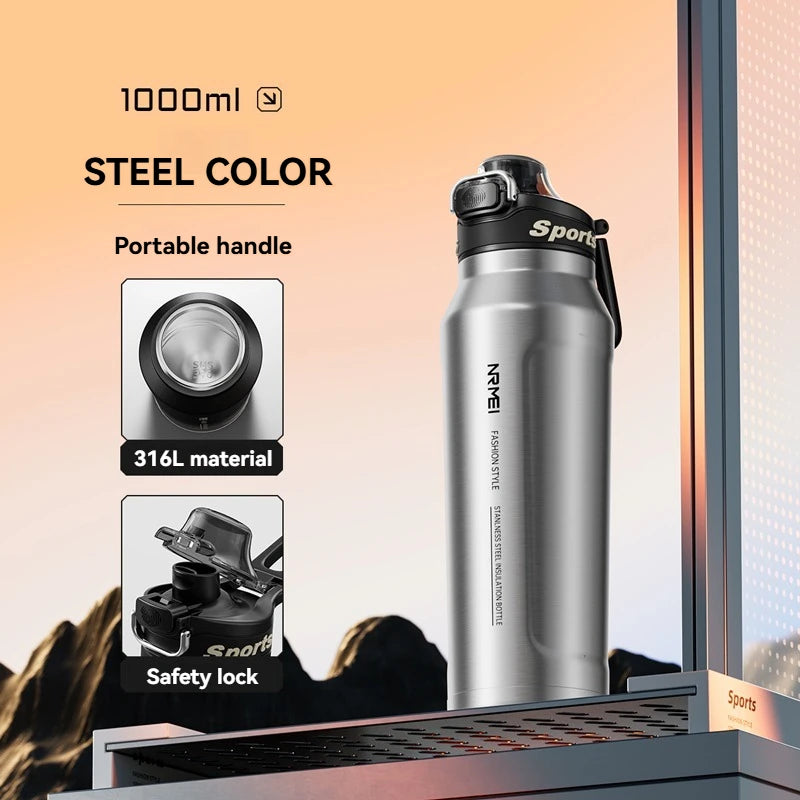 Botella termo de 1L, tazas heladas y con aislamiento térmico de acero inoxidable
