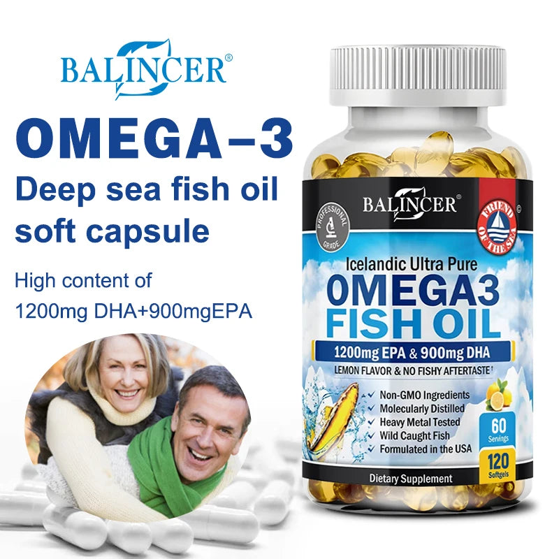 Cápsulas de aceite de pescado Omega-3 - Riche en DHA y EPA - Apoya la salud del cerebro y del sistema nervioso, suplemento dietético