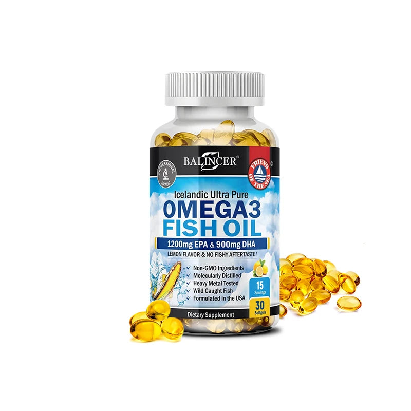 Cápsulas de aceite de pescado Omega-3 - Riche en DHA y EPA - Apoya la salud del cerebro y del sistema nervioso, suplemento dietético
