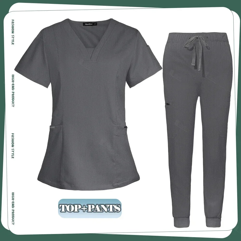 Conjunto de ropa de trabajo clínica para mujer, uniforme de enfermera y enfermería, uniformes médicos, conjunto de exfoliantes, pantalones superiores para escuelas de belleza para mascotas, gris y negro