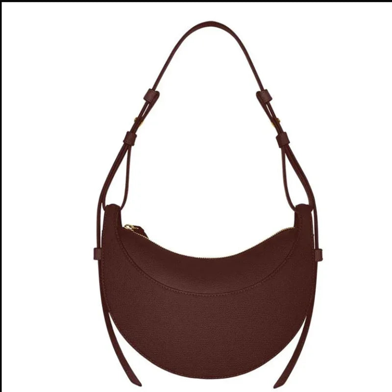 Bolso de hombro de mujer de cuero genuino de moda francesa, bolso de media luna, bolso de hombro tipo bandolera con cierre de cremallera de diseño de nicho