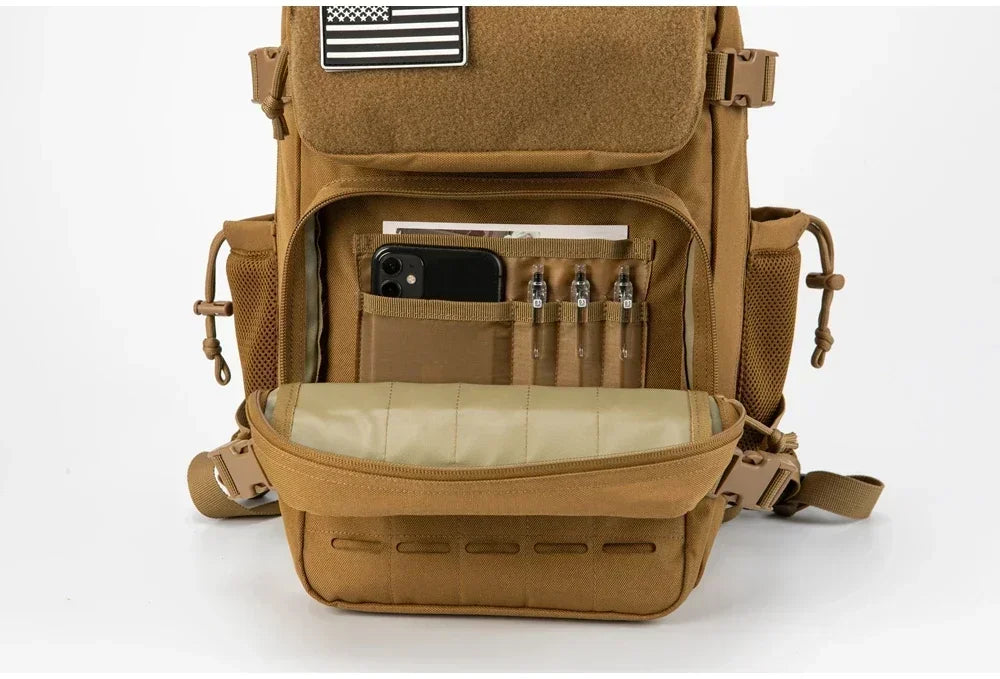 Mochilas tácticas de gimnasio de 25L para hombres, mochila Molle con corte láser de supervivencia, bolsa pequeña para insectos, mochila de caza con portavasos duales