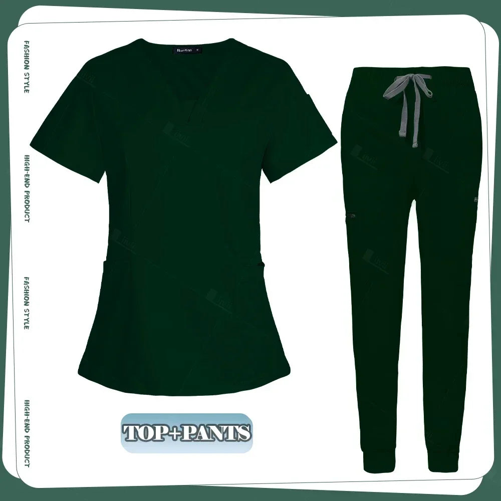 Conjunto de ropa de trabajo clínica para mujer, uniforme de enfermera y enfermería, uniformes médicos, conjunto de exfoliantes, pantalones superiores para escuelas de belleza para mascotas, gris y negro