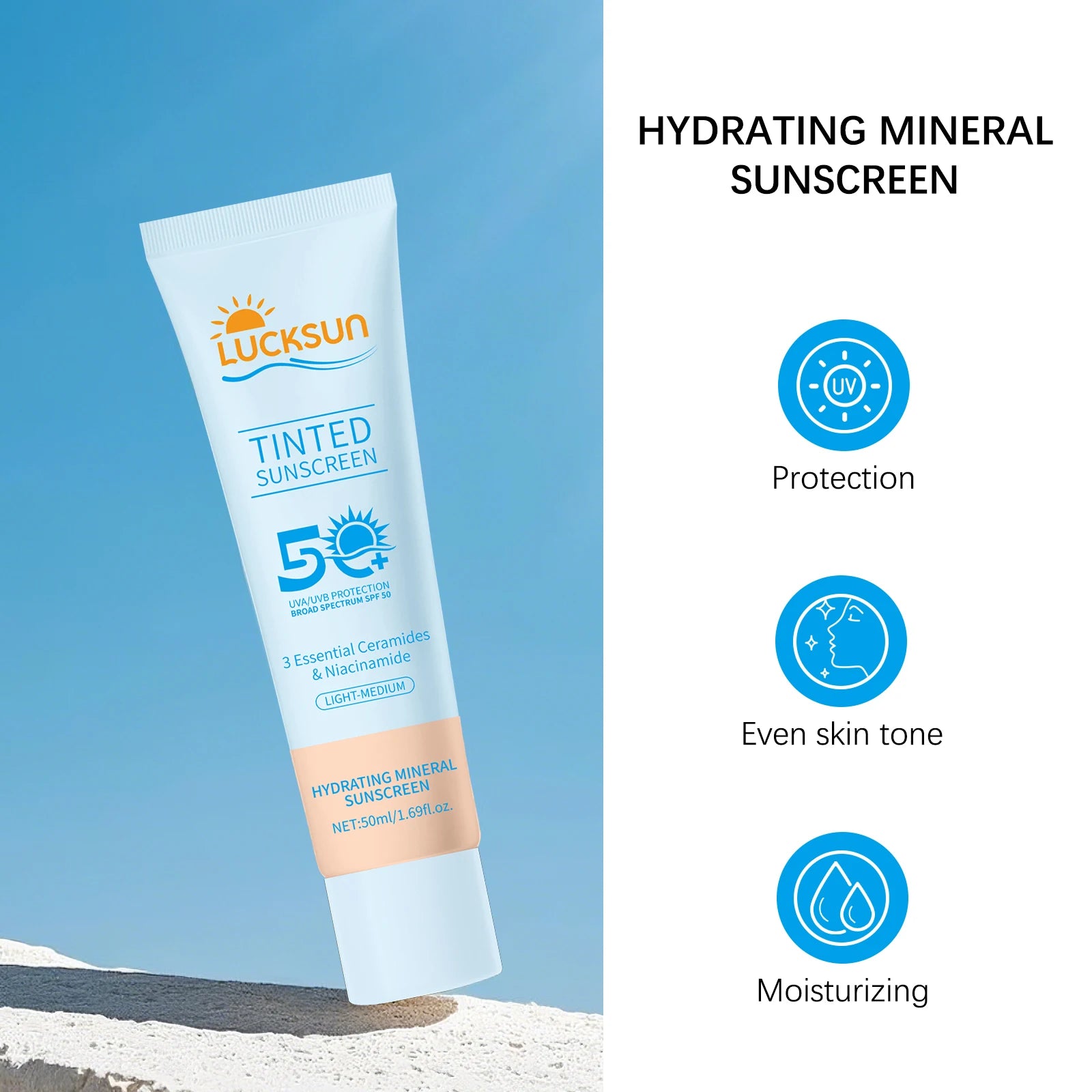 Protector solar teñido SPF 50 Protector solar mineral hidratante para el tono uniforme de la piel con ceramidas niacinamida para tonos de piel claros y medianos, 50 ml