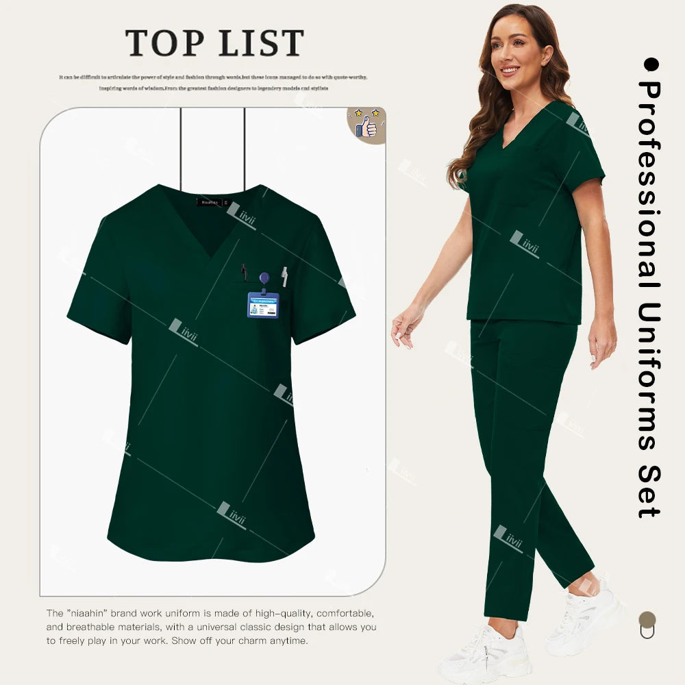 Nuevo conjunto de uniformes médicos, Top elástico con bolsillo, pantalones rectos, uniformes de enfermera, ropa de trabajo de laboratorio para salón de belleza