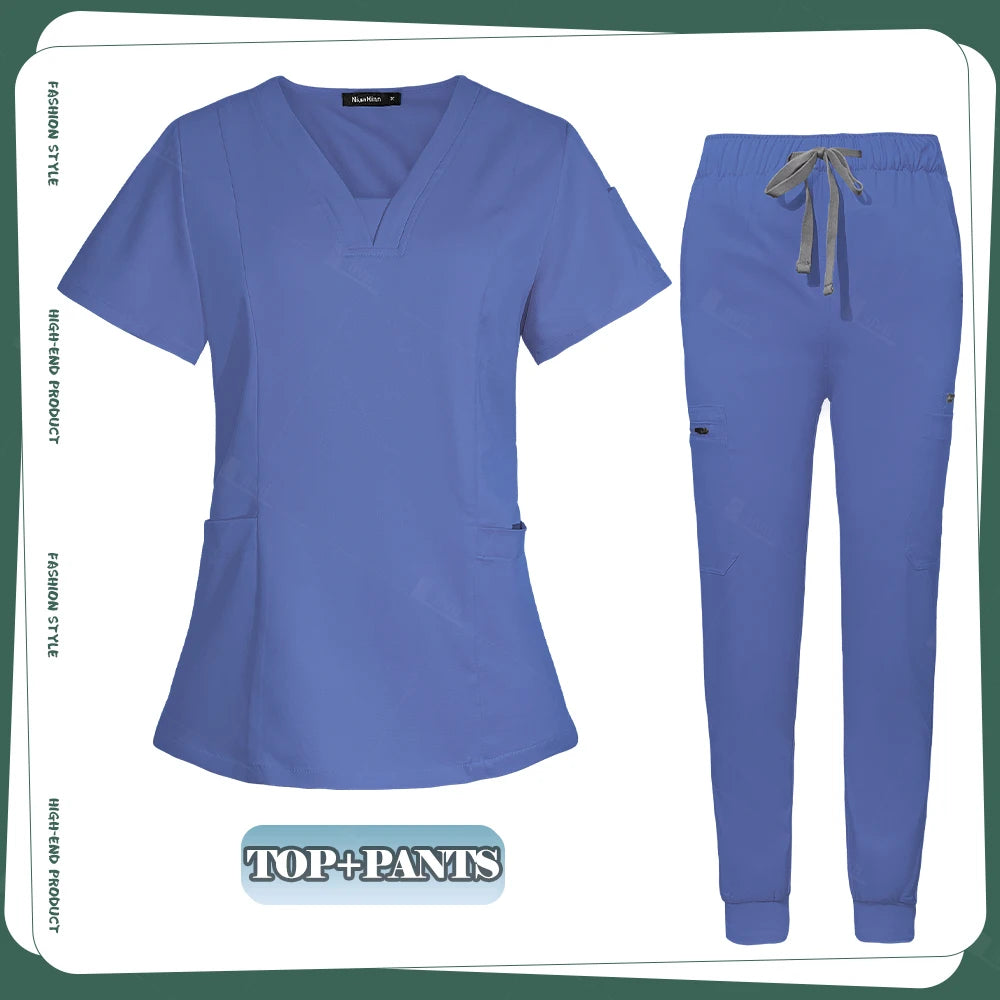 Conjunto de ropa de trabajo clínica para mujer, uniforme de enfermera y enfermería, uniformes médicos, conjunto de exfoliantes, pantalones superiores para escuelas de belleza para mascotas, gris y negro