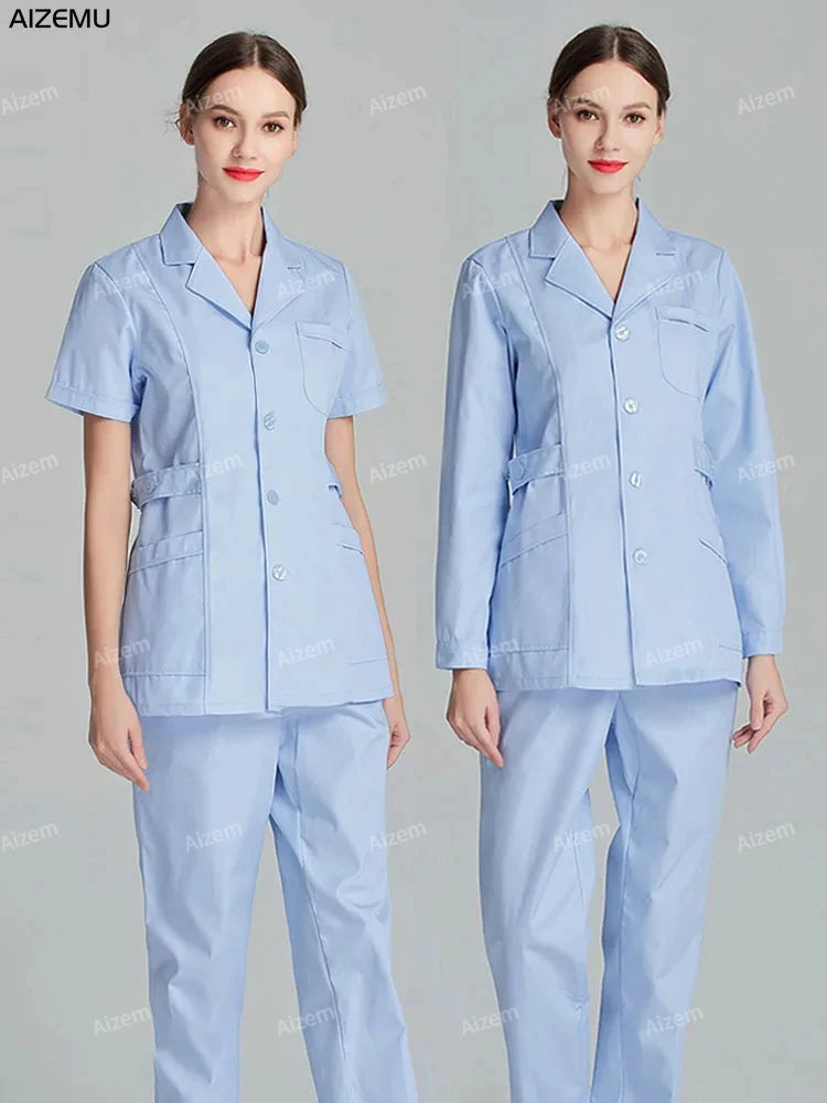 Uniformes de enfermera de manga larga azul, bata de laboratorio, uniforme de médico para mujer, prendas de vestir, ropa médica, ropa de trabajo de salón de belleza
