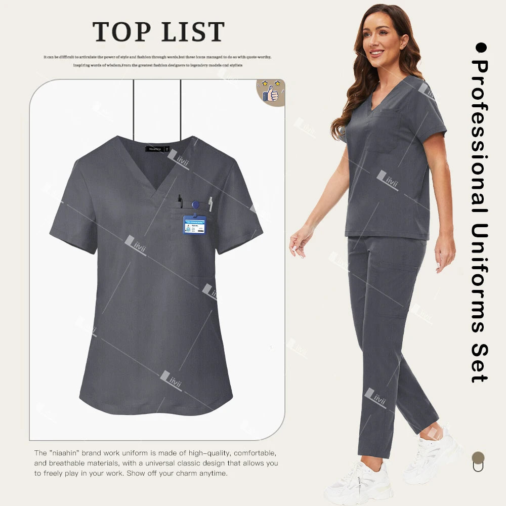 Nuevo conjunto de uniformes médicos, Top elástico con bolsillo, pantalones rectos, uniformes de enfermera, ropa de trabajo de laboratorio para salón de belleza