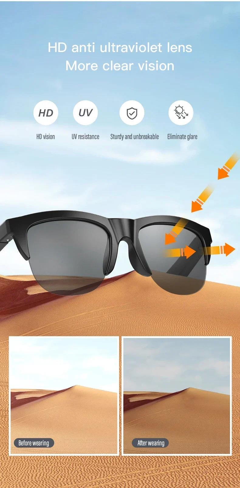 Nuevas gafas de sol inteligentes Bluetooth V5.3 llamadas, auriculares para deportes al aire libre, tecnología negra HIFI, antitouch UV para hombres y mujeres
