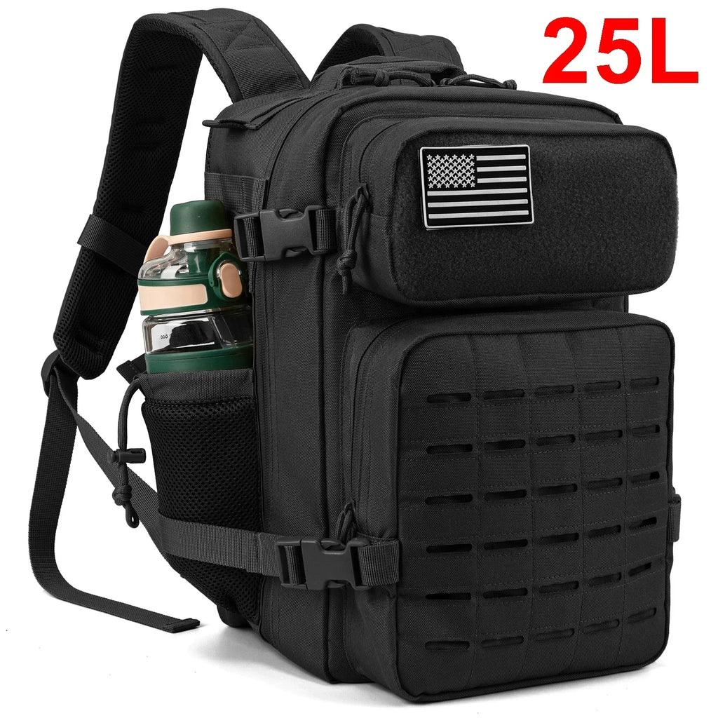 Mochilas tácticas de gimnasio de 25L para hombres, mochila Molle con corte láser de supervivencia, bolsa pequeña para insectos, mochila de caza con portavasos duales