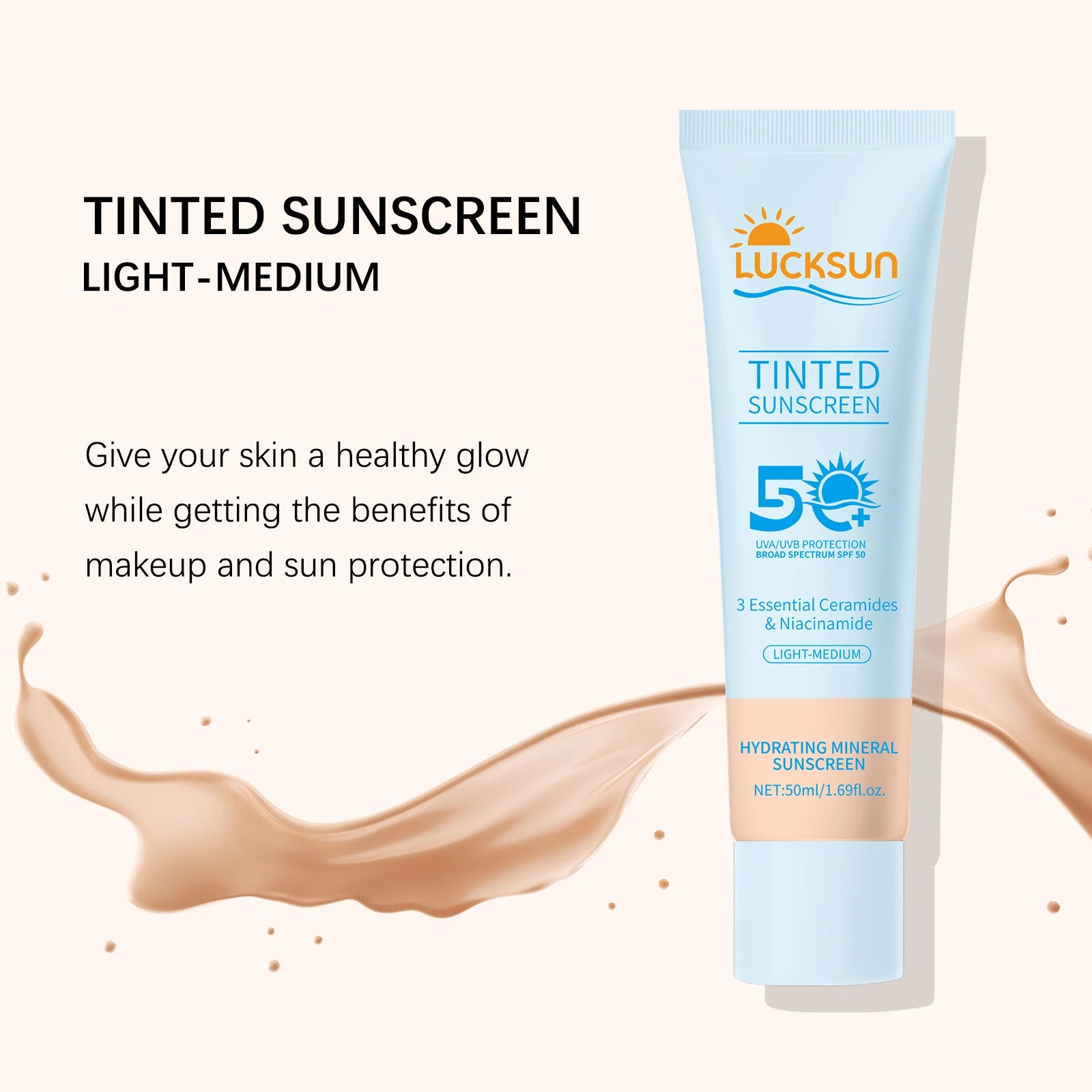 Protector solar teñido SPF 50 Protector solar mineral hidratante para el tono uniforme de la piel con ceramidas niacinamida para tonos de piel claros y medianos, 50 ml