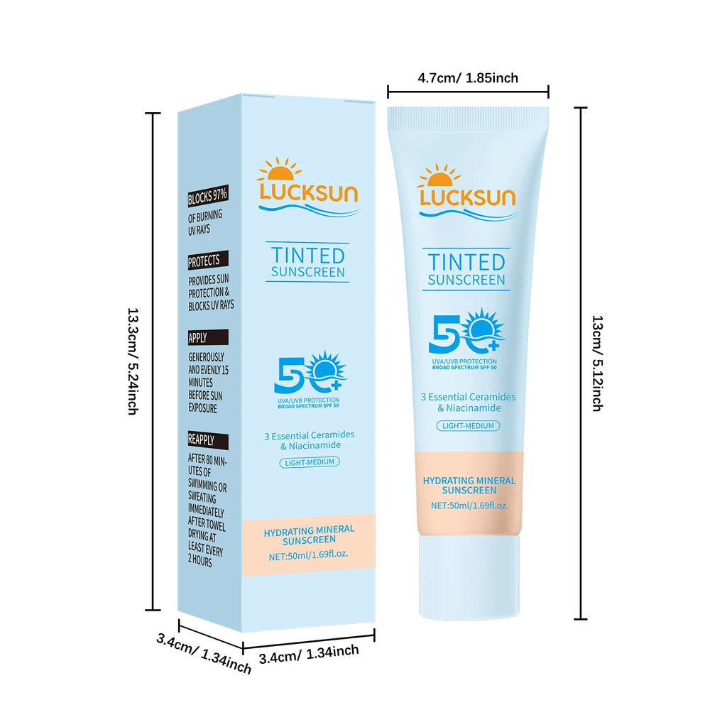 Protector solar teñido SPF 50 Protector solar mineral hidratante para el tono uniforme de la piel con ceramidas niacinamida para tonos de piel claros y medianos, 50 ml